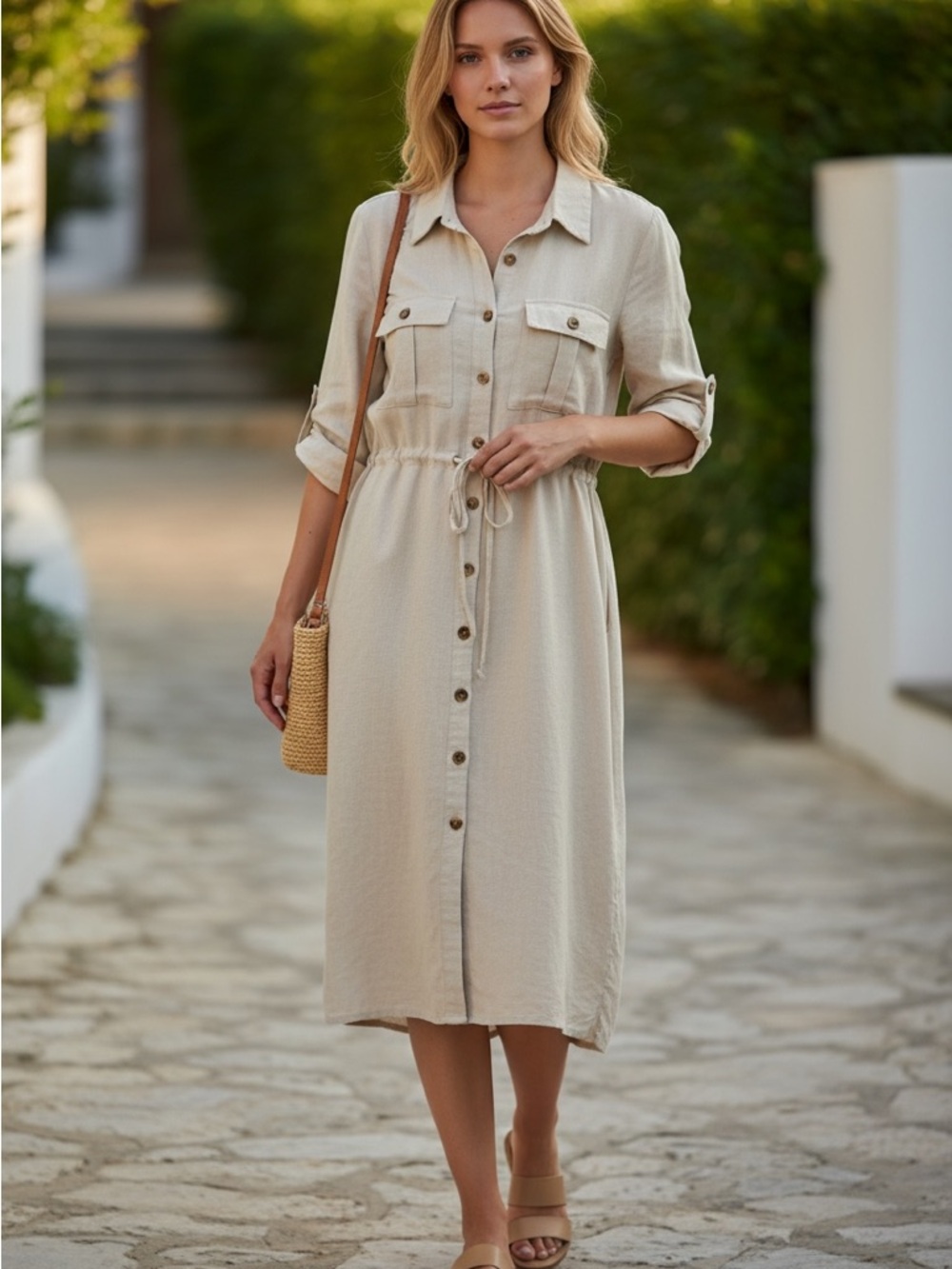 Cream Button-Front Midi Shirt Dress with Drawstring Waist